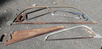 Vintage & Antique Manual Hand Saws, Incl Traditional Bow Saws, A Hacksaw, & Classic Wood-handled Crosscut Saw