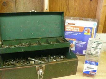 Vintage Metal Toolbox Packed W/Misc Hardware Including Bolts & Nuts & Pkg Of Frost King Water Pipe Heat Cable