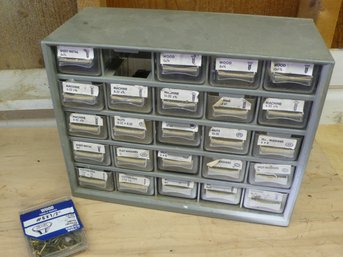 Vintage 25-Drawer Metal Small Parts Storage Cabinet Filled W/Various Nuts, Bolts, Wood Screws & Washers