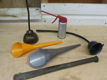 Assortment Of Vintage Oil Cans, Plastic Funnels, And Chisel