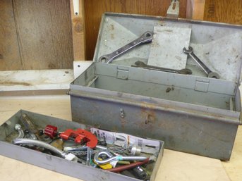Vintage Gray Metal Toolbox With A Lift-out Tray, Containing Wrenches And Various Small Hardware Items