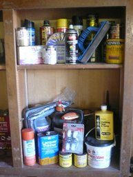 Assortment Of Household Workshop & Maintenance Supplies, Incl Stain, Cement, Lacquer Thinner & Spray Paint
