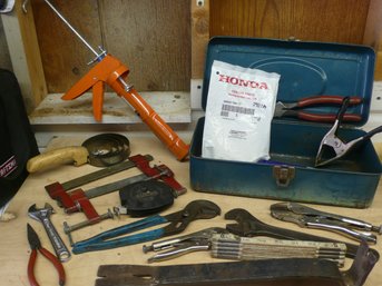 Genuine Honda Chrome Wheel Lockset, Tools, Incl Wooden Folding Ruler, Vintage Tape Measure, & Caulking Gun,