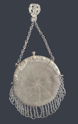 Antique Victorian Steel Micro Beaded Chatelaine Ornate Metal Frame Purse