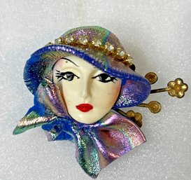 Vintage Ceramic Face Woman Art Deco Mardi Gras Broch Pin-back