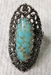 Antique Art Deco Ring: Silver Plated Filigree Bohemian Turquoise Glass