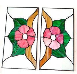 Vintage Stained Glass Leaded Window Panels Pair Of Pink Flowers Green Leaves