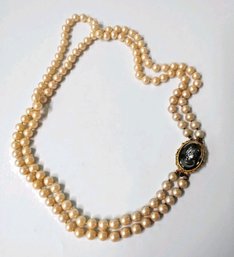 Vintage Menorca Hematite Cameo Clasp Brooch With White Pearl Necklace