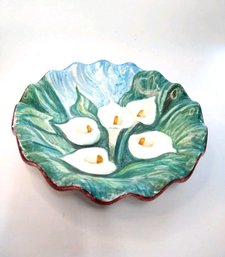 Hand Painted Floral Chilean Pottery Wall Plate Ruffled Rim