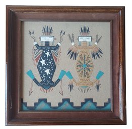 Vintage Native American Navajo Signed Yazzie Sand Painting Mother Earth Father Sky