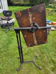 Antique Ornate Cast Iron Drafting Table With Adjustable Wood Top On Cast Iron Swivel