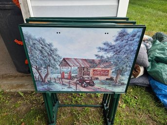 Set Of (4) 21' X 15' Coca Cola Portable Trays With Storage Stand