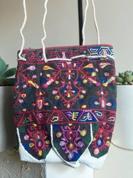 Vintage North African Geometric And Foral Embroidery Drawstring Pouch