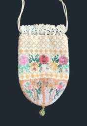 Antique Micro Beaded Floral Rose And Fan Drawstring Pouch