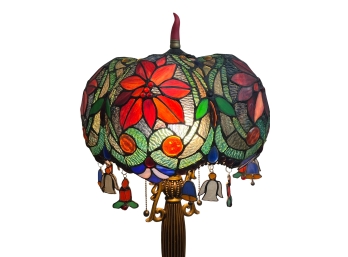 Victorian Tiffany Style Leaded Stained Glass Lamp With Holiday Charms And Poinsettia Motif