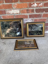Lot Of Three Framed Mirror With A Reverse-painted Or Etched Design On It.