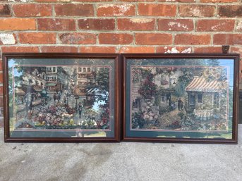 2 Beautiful Tapestry Framed Pictures Charming European Street Scene.