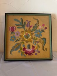 Vintage Framed Crewel Embroidery Artwork Featuring A Colorful Floral Bouquet Design