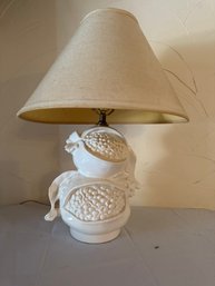 A Vintage White Ceramic Table Lamp Featuring A Design Resembling A 'fruit Topiary,' Specifically A Pomegranate