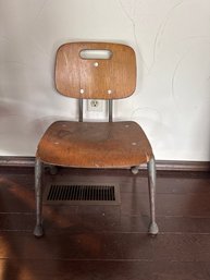Vtg Industrial Student School MCM Wood & Metal Chair W/ Handle