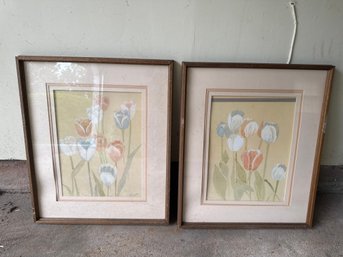 Pair Of Watercolor Tulip Painting Matted Framed Signed M Storm 13X15