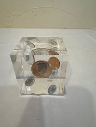 Vintage Paperweight Containing US Coins Encased In Lucite Or Acrylic