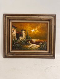 Framed Oil Painting By An Artist Named D'Aniello, Depicting A Mediterranean Italian Coastal Villa Scene With A
