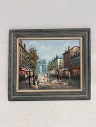 Signed By Henry Rogers Vintage Oil Painting Depicting A Rainy French Street Scene, In Paris, With A Pro
