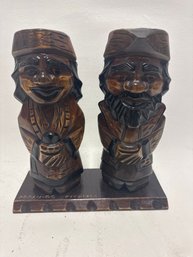 Japanese Wooden Hokkaido Statue Ainu Nipopo 2pc Set Vtg Brown On Stand Signed