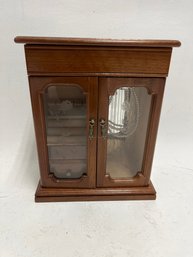 Solid Wood Musical Jewelry Box Several Comparments Nice Floral Designs On Glass Door With Some Jewelry In It