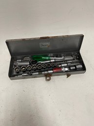 Vintage Sears Craftsman Socket And Ratchet Set In A Metal Toolbox.
