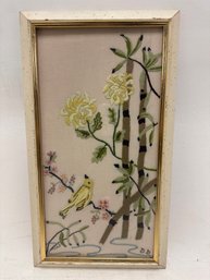 Vintage 1970s Framed Crewel Embroidery, Featuring A Classic Nature Scene.