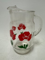 Vintage Anchor Hocking Red Foxy Flowers Ice Lip Pitcher.