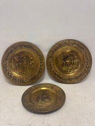 Lot Of 3 Vintage Brass Embossed Wall Plates, Likely From The Mid-20th Century
