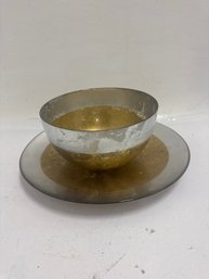 Mid-Century Italian Gold & Silver Leaf Glass Bowl And Tray Centerpiece Set