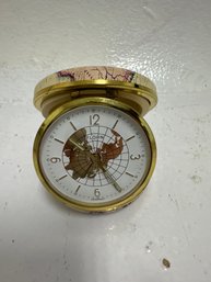 Vintage Florn German Alarm Pocket Watch Travel Clock Gold Toned World Map