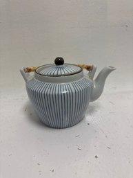 Japanese Ceramic Teapot Featuring The Traditional 'Tokusa' Blue And White Vertical Stripe Design And A Bamboo