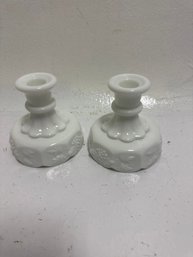 A Pair Of Vintage Milk Glass Candle Stick Holders