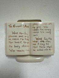 Vintage Ceramic Open Book Planter Or Vase Featuring A Text Titled 'The Gospel Of Art'.