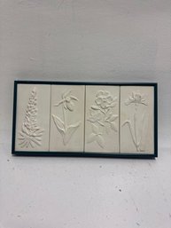 Four Ceramic Or Plaster Relief Tiles, Framed Together As Wall Art