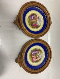 Vintage, Framed Miniature Porcelain Plate, Likely A 'cameo' From Limoges, France, Featuring A Romantic Or 'cou