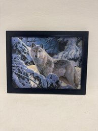 Framed 3D Lenticular Print Of A White Wolf In A Snow-covered Landscape.