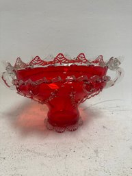 Fenton Ruby Red Art Glass Beaded Ruffled Fluted Crimped Bowl Or Compote