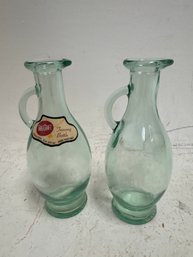 A Pair Of Vintage Tablecraft Tuscany Green Glass Oil And Vinegar Cruets.