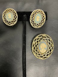 Vintage Cameo Style Pin And Clip On Earrings