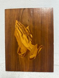 Vintage Wood Marquetry Inlay Plaque Depicting The Iconic 'Praying Hands'
