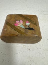 Hand-carved Soapstone Trinket Or Jewelry Box With A Floral Inlay, Featuring Mother-of-pearl Or Abalone