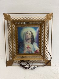 Vintage 1950s 3D Lenticular Religious Art Piece Featuring The Sacred Heart Of Jesus In A Gold-tone Metal Frame