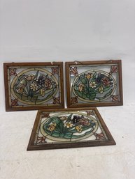 Lot Of 3 Vintage Stained Glass Framed Panels Featuring A Floral And Butterfly Design.