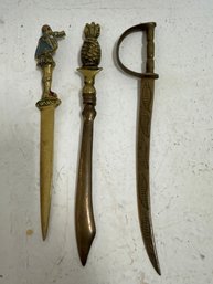 Collection Of Three Vintage Brass Letter Openers, Likely Dating To The Mid-20th Century